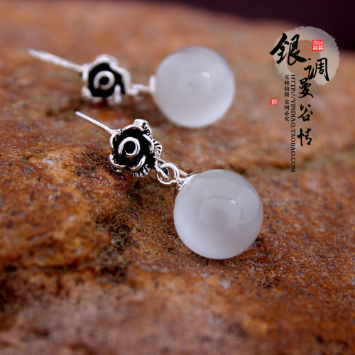 925纯银饰品 泰银复古 石榴石猫眼石绿玛瑙 玫瑰花女士耳环耳坠 - 图1