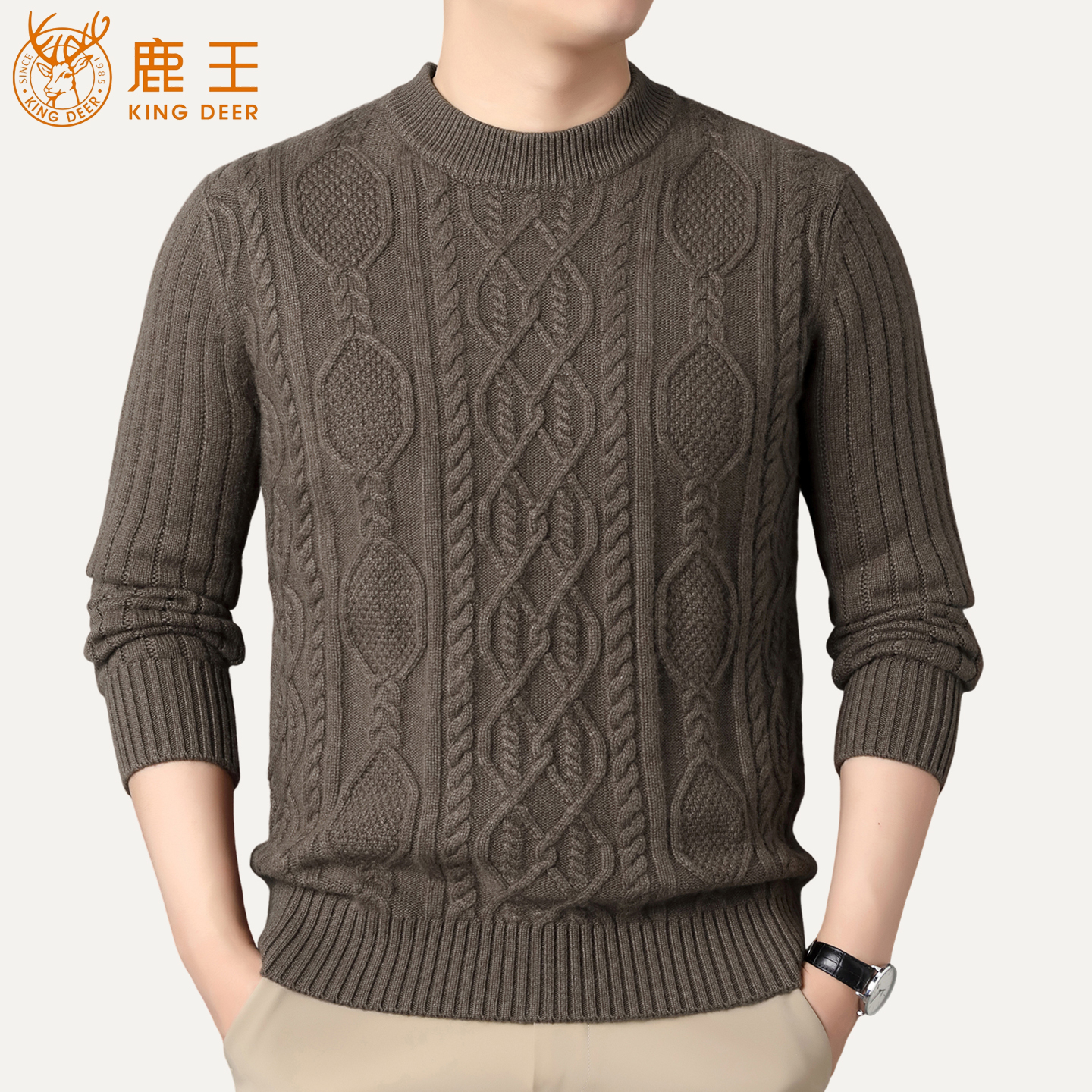 内蒙古鹿王羊绒衫男士100%纯羊绒冬季重磅加厚保暖套头圆领羊毛衫 - 图2