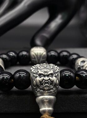 藏式925银大黑天三通无相佛头星月菩提金刚手串文玩配件diy配饰