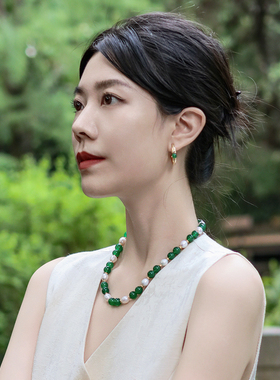 曼古银金风玉露珍珠绿玛瑙锁骨链