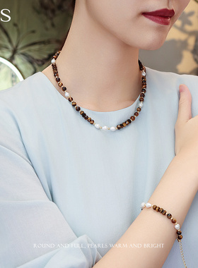 MGS/曼古银美拉德虎眼石珍珠项链手链女士小众设计925银项圈手串