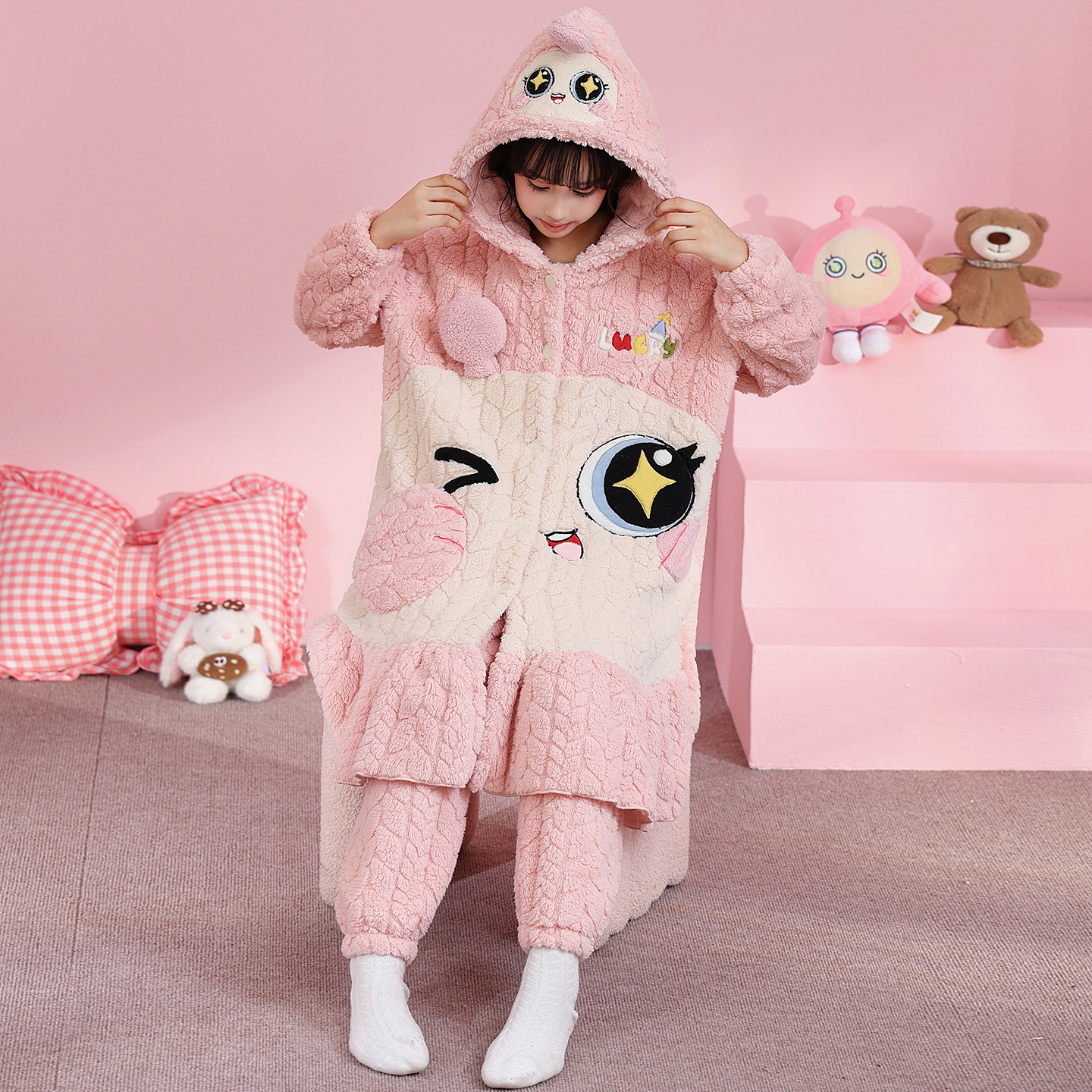儿童睡袍秋冬季珊瑚绒加厚女童睡衣中大童女孩法兰绒套装卡皮巴拉 - 图1