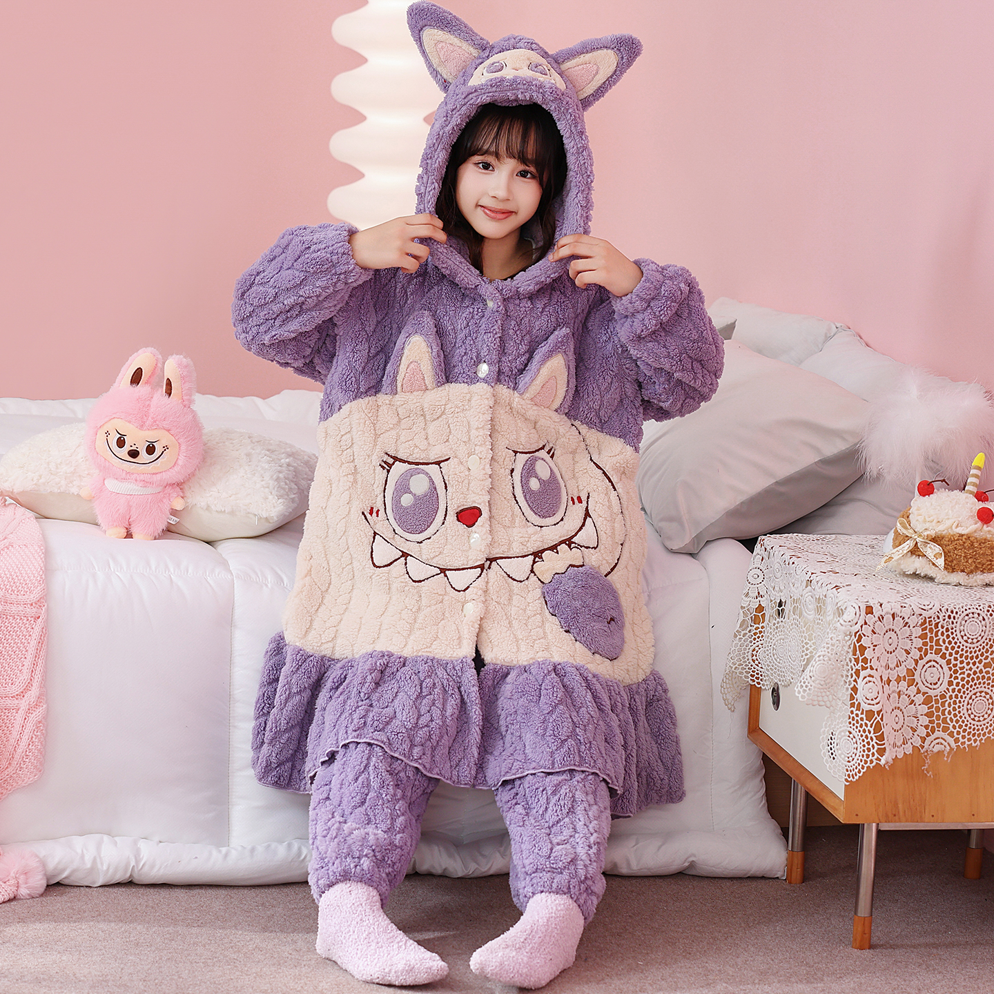 儿童睡袍秋冬季珊瑚绒加厚女童睡衣中大童女孩法兰绒套装卡皮巴拉 - 图0