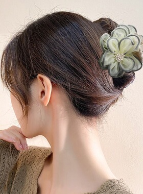 大号抓夹女鲨鱼夹感山茶花发夹后脑勺头发夹子头饰发卡发量多