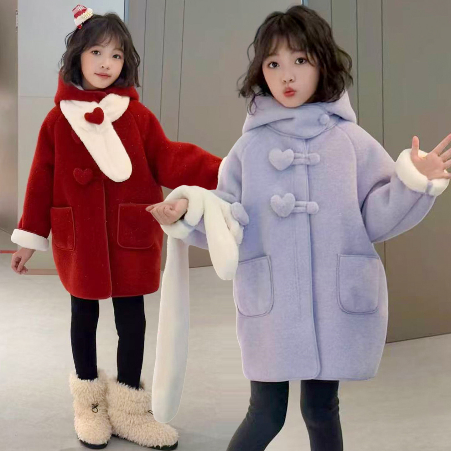 女童毛呢大衣女2025新款加厚中长款时尚高端韩版洋气冬季围巾外套,淘宝优惠券,粉丝福利购,淘宝优惠卷