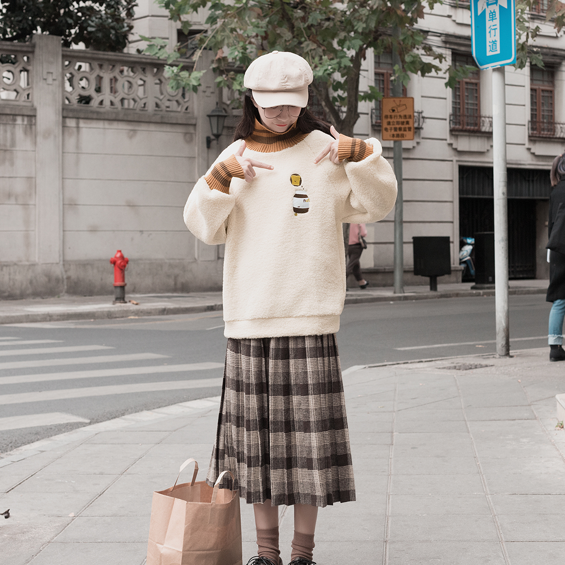 复古奶茶格子裙森系高腰毛呢a字半身裙秋冬女中长款百搭百褶裙