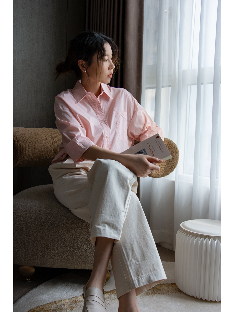 [ChatonDesign]粉色中长款衬衣法式防晒长袖上衣韩版衬衫女春夏-图0