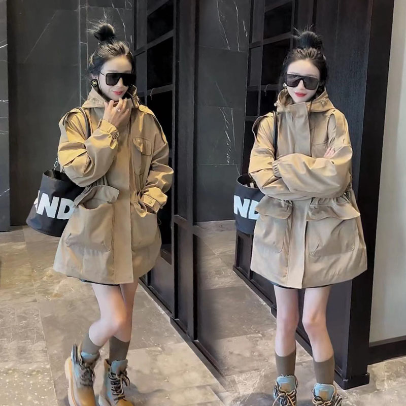 欧货2025春秋季新款韩版时尚休闲连帽工装外套女风衣中长款冲锋衣 - 图0