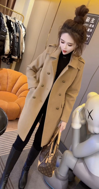 2025 Spring and Autumn New Korean Style Imitation Woolen Coat Women's Western Style Slim Suit Collar Mid-Length Woolen Coat