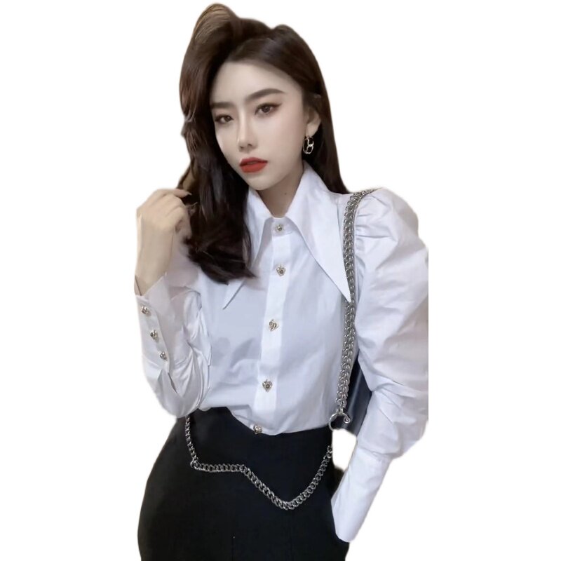 小尖领泡泡袖衬衫女2025春秋新款韩版气质时尚打底衫上衣衬衣内搭