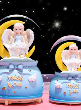 水晶球旋转月亮天使飘雪八音盒