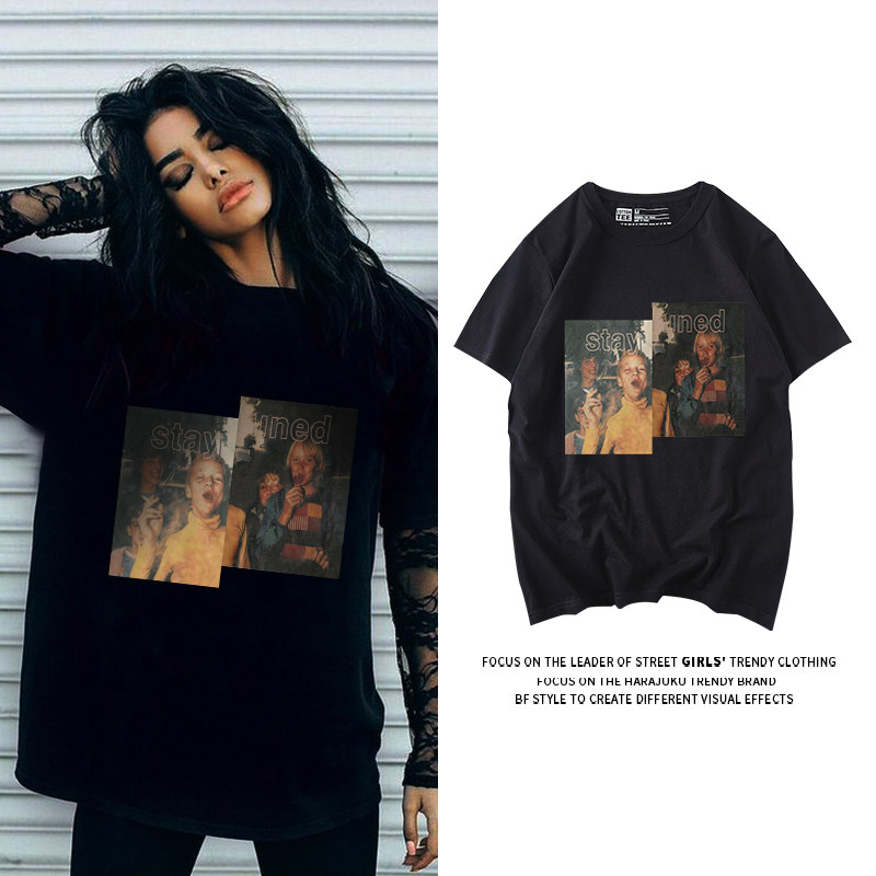 欧美小众甜酷印花黑色正肩短袖t恤 jkteeT恤