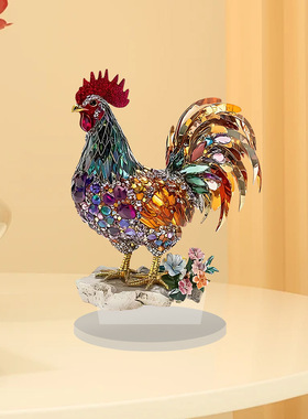 跨境创意五彩招财公鸡动物摆件2D平面亚克力家居办公桌面装饰摆件