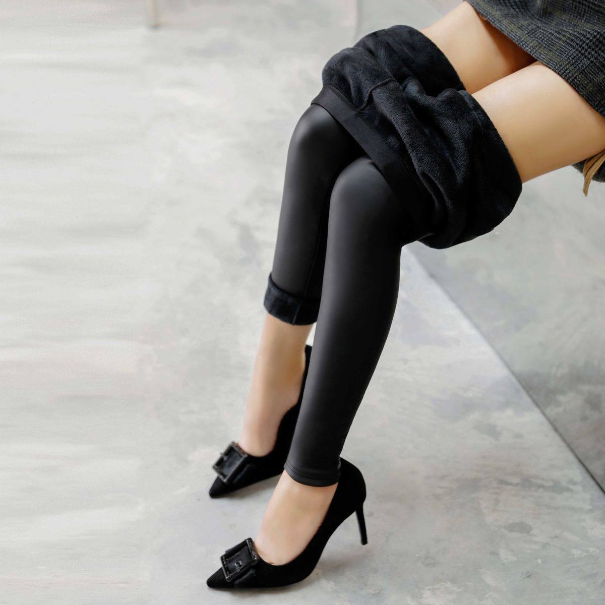 字母腰加绒皮裤新款高腰高弹打底裤 mfon麦风尚打底裤