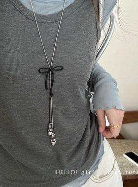 芭蕾风蝴蝶结鞋子吊坠项链女钛钢不掉色抽拉式长款毛衣链挂脖配饰