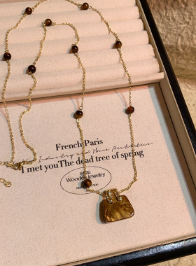 美拉德虎眼石包包钛钢项链女韩系秋冬长款毛衣链复古小众百搭配饰