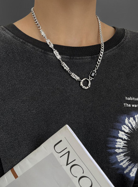 不规则小众设计感黑宝石钛钢几何圆环拼接项链男女同款感项饰