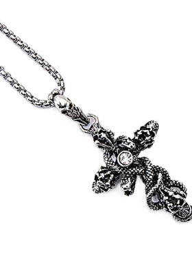 2025秋冬新款复古个性十字架钛钢项链  万圣节骷髅蛇头长款毛衣链