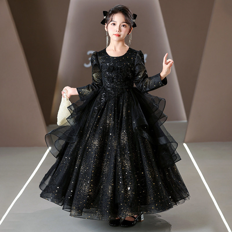 现货跨境女童晚礼服黑色花童婚纱钢琴演奏主持人演奏公主裙,淘宝优惠券,粉丝福利购,淘宝优惠卷