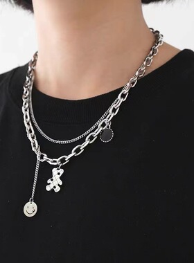 楚尼网红ins钛钢双层可爱小熊叠戴项链男女个性笑脸吊坠时尚短款