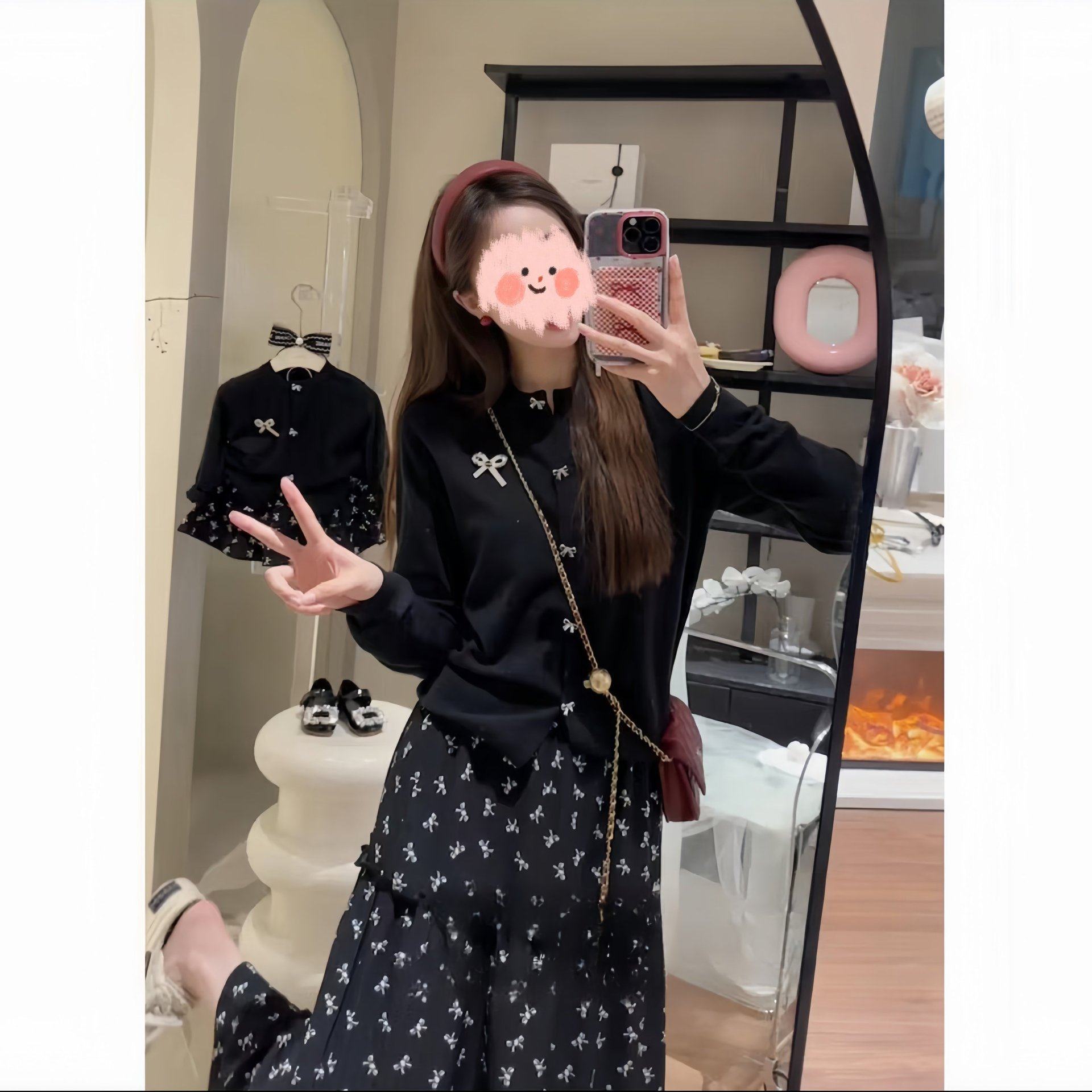 亲子装2024秋季新款亲子气质蝴蝶结长袖开衫母女同款套装潮流,淘宝优惠券,粉丝福利购,淘宝优惠卷