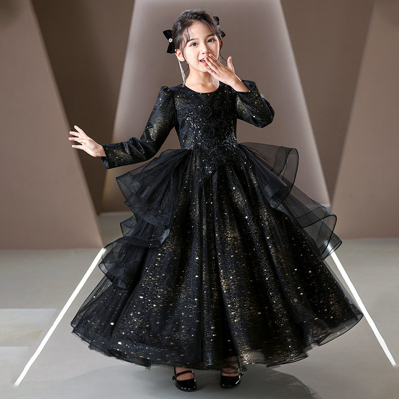 现货跨境女童晚礼服黑色花童婚纱钢琴演奏主持人演奏公主裙,淘宝优惠券,粉丝福利购,淘宝优惠卷