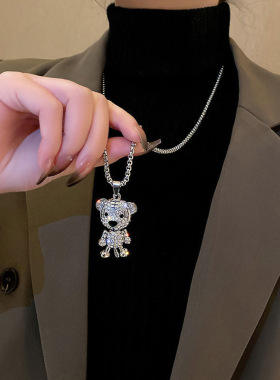 2025秋冬新款满钻老虎钛钢项链  四肢可活动小脑斧吊坠长款毛衣链
