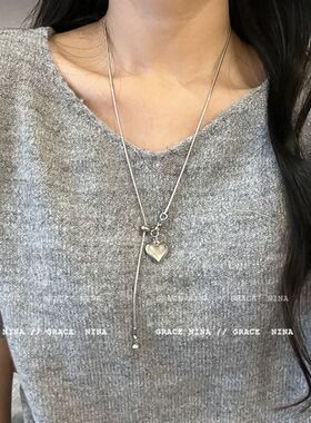 极简银色爱心吊坠项链女秋冬轻奢感钛钢抽拉式长款毛衣链配饰