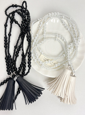 国风中复古大小黑珠超长款流苏叠戴个性多层颈链网红同款小众项链