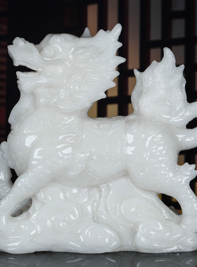 天然白玉麒麟摆件一对