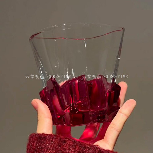 红色冰块玻璃杯小众设计轻奢高档喝水杯高级感威士忌酒杯洋酒杯 - 图0