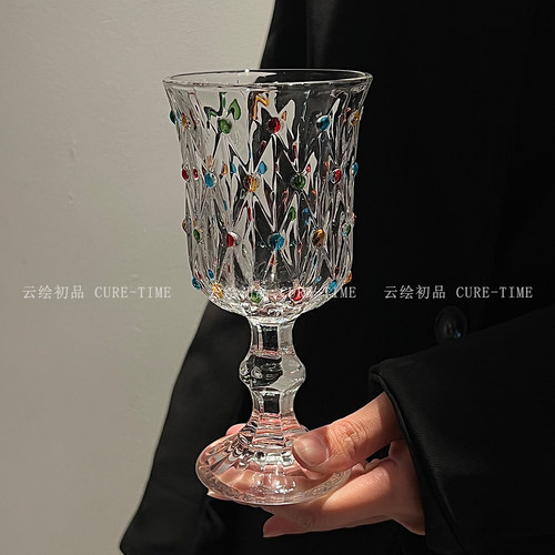 法式复古彩色珠点高脚玻璃杯家用高级感红酒杯香槟酒杯鸡尾酒杯 - 图0