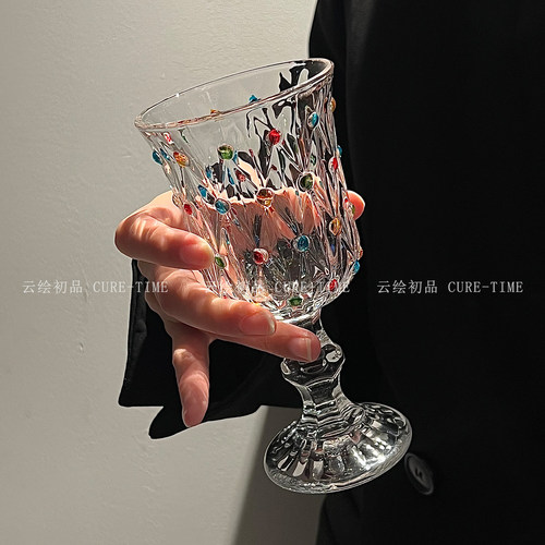 法式复古彩色珠点高脚玻璃杯家用高级感红酒杯香槟酒杯鸡尾酒杯 - 图1
