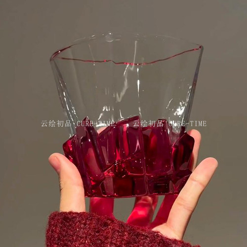 红色冰块玻璃杯小众设计轻奢高档喝水杯高级感威士忌酒杯洋酒杯 - 图1