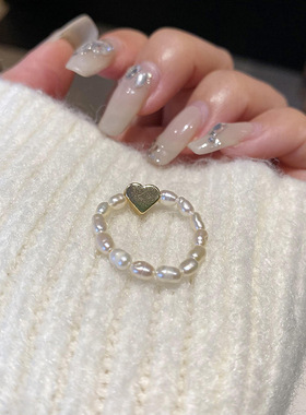 米粒淡水珍珠爱心戒指女韩版冷淡风弹力可调节设计不规则珍珠