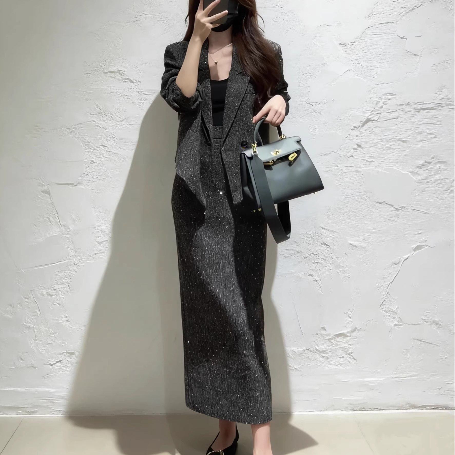 大码西装外套高级感套装胖mm亮闪闪高腰显瘦开叉半身裙两件套装,淘宝优惠券,粉丝福利购,淘宝优惠卷