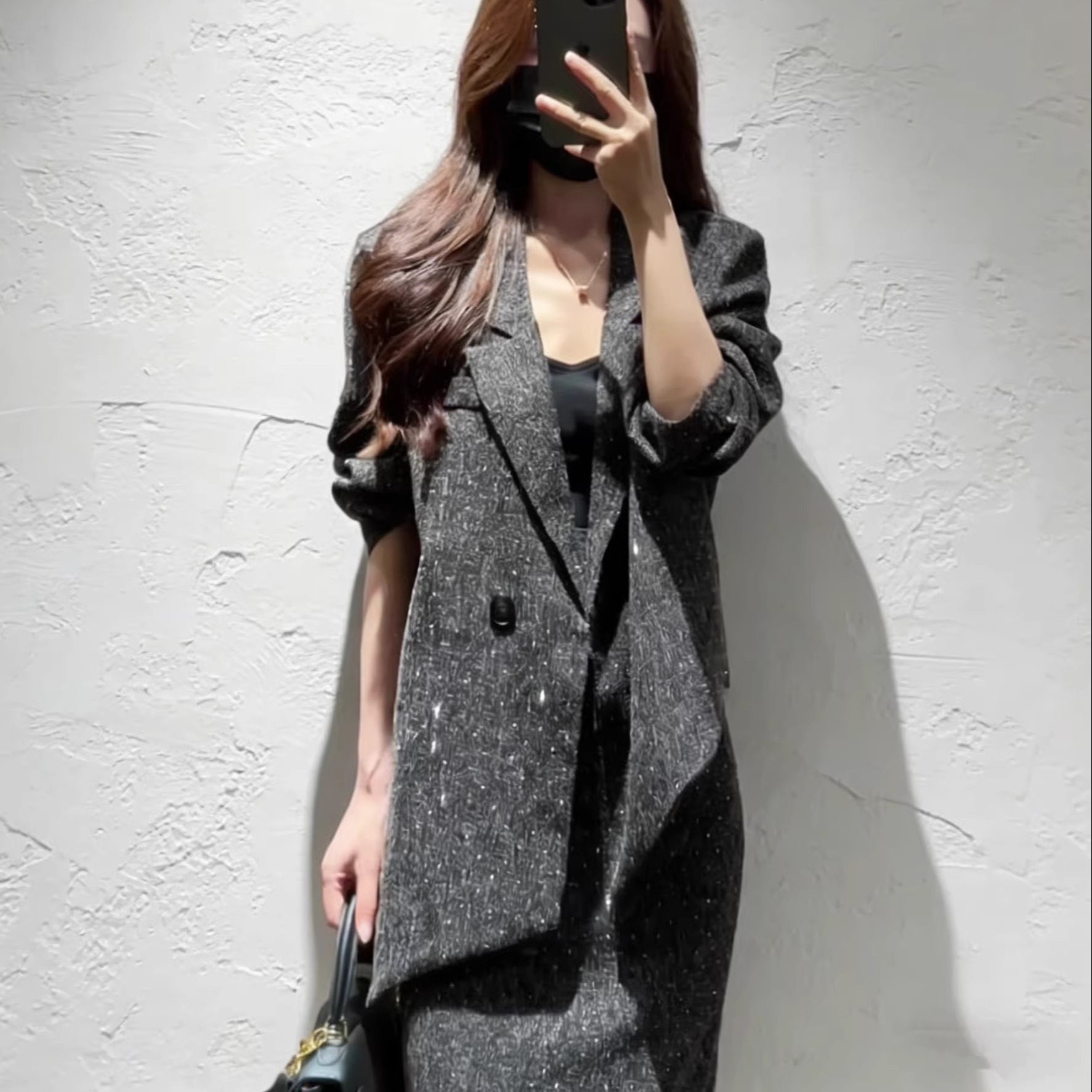 大码西装外套高级感套装胖mm亮闪闪高腰显瘦开叉半身裙两件套装,淘宝优惠券,粉丝福利购,淘宝优惠卷