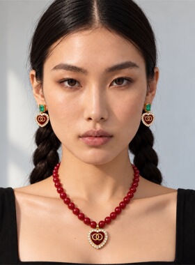 「高版本走秀款」小香风冰花锆潮流项链耳钉女红白黑色复古爱心吊