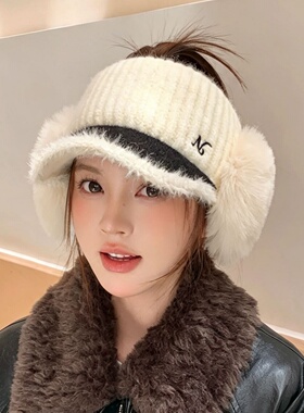 扎高马尾鸭舌帽女秋冬护耳棒球帽