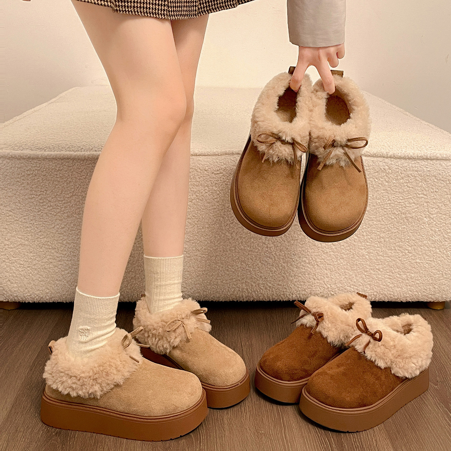 林北北加绒保暖厚底雪地棉鞋女冬增高外穿防滑全包毛毛勃肯鞋子,淘宝优惠券,粉丝福利购,淘宝优惠卷