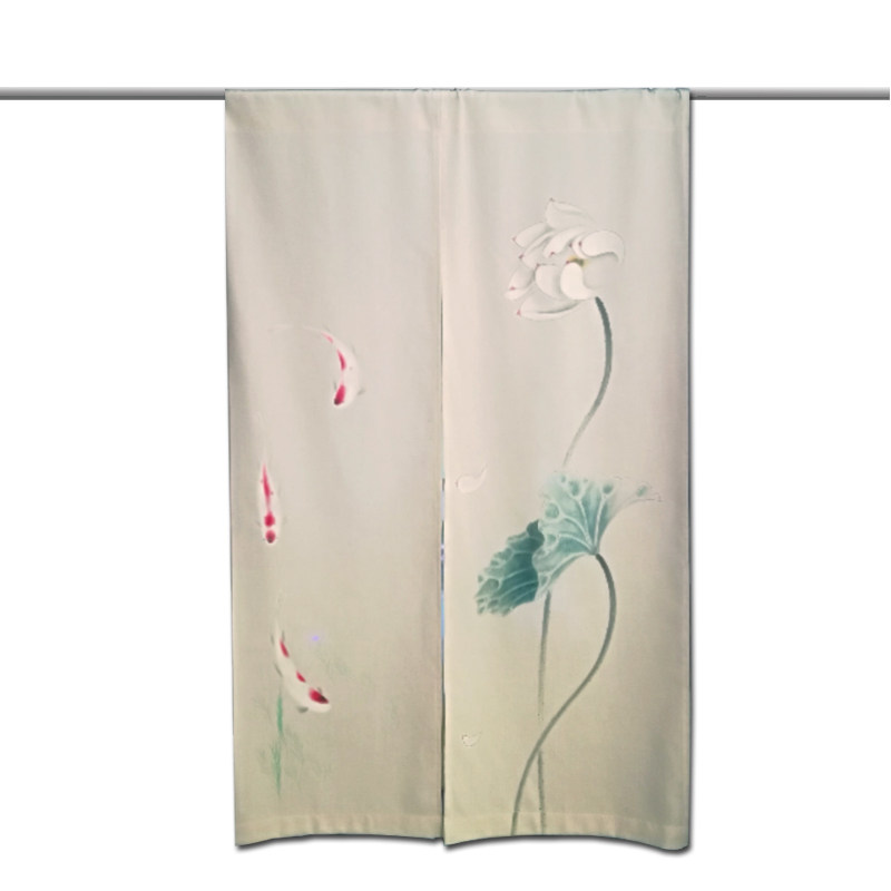 手绘荷花锦鲤门帘装饰金鱼中式复古窗帘布艺家居软饰窗帘遮挡隔帘,淘宝优惠券,粉丝福利购,淘宝优惠卷