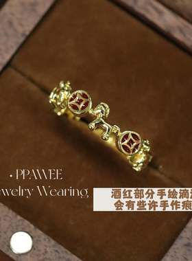 马上有钱|红色本命年中古锆石戒指女开口可调节新年金色铜钱指环