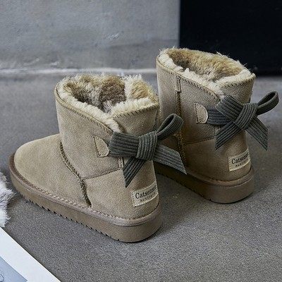 雪地靴女冬季2025真皮加绒加厚雪地棉蝴蝶结厚底大棉鞋保暖靴子