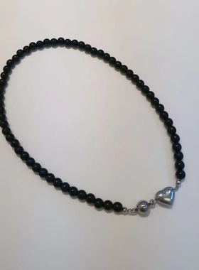 黑色珠珠个性爱心欧美磁吸扣项链