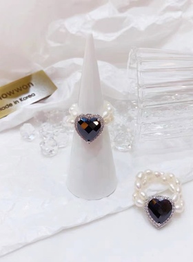 东大门双层珍珠黑色水晶爱心戒指