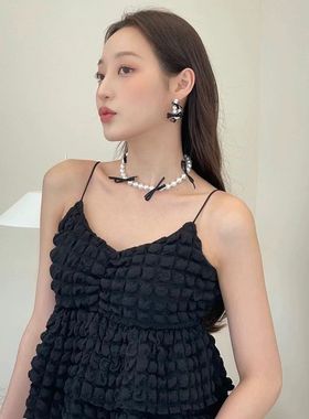 蝴蝶结珍珠珠珠项链锁骨链耳环