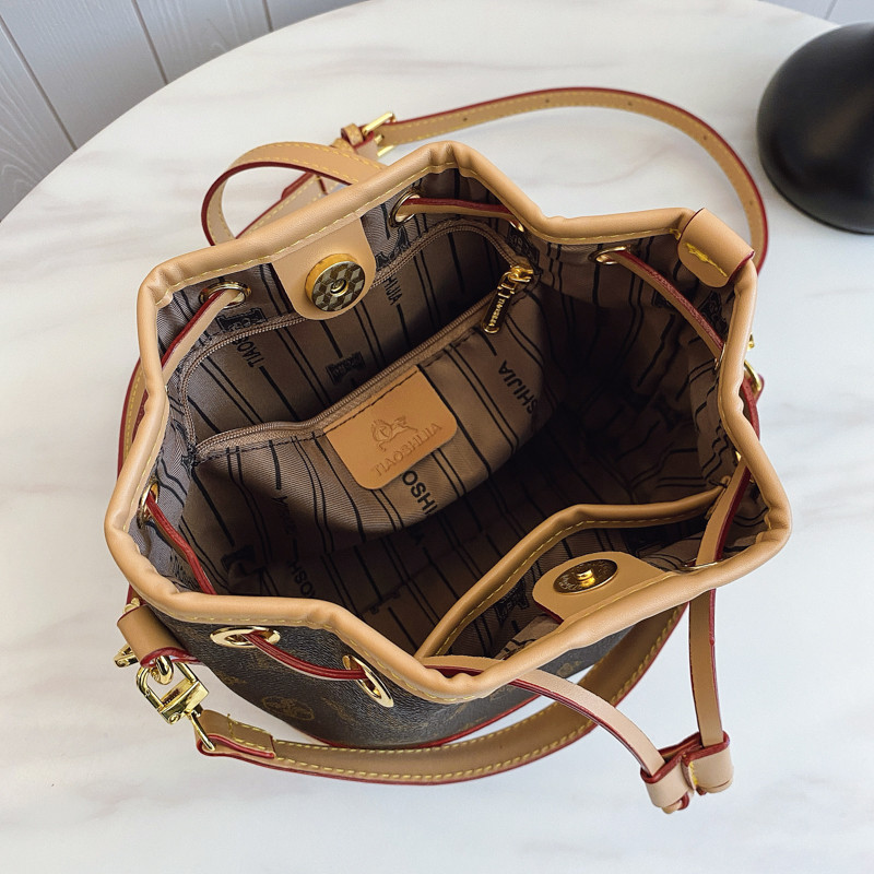 小众设计包包女2025新款时尚老花抽绳水桶包高级感女士单肩斜挎包,淘宝优惠券,粉丝福利购,淘宝优惠卷