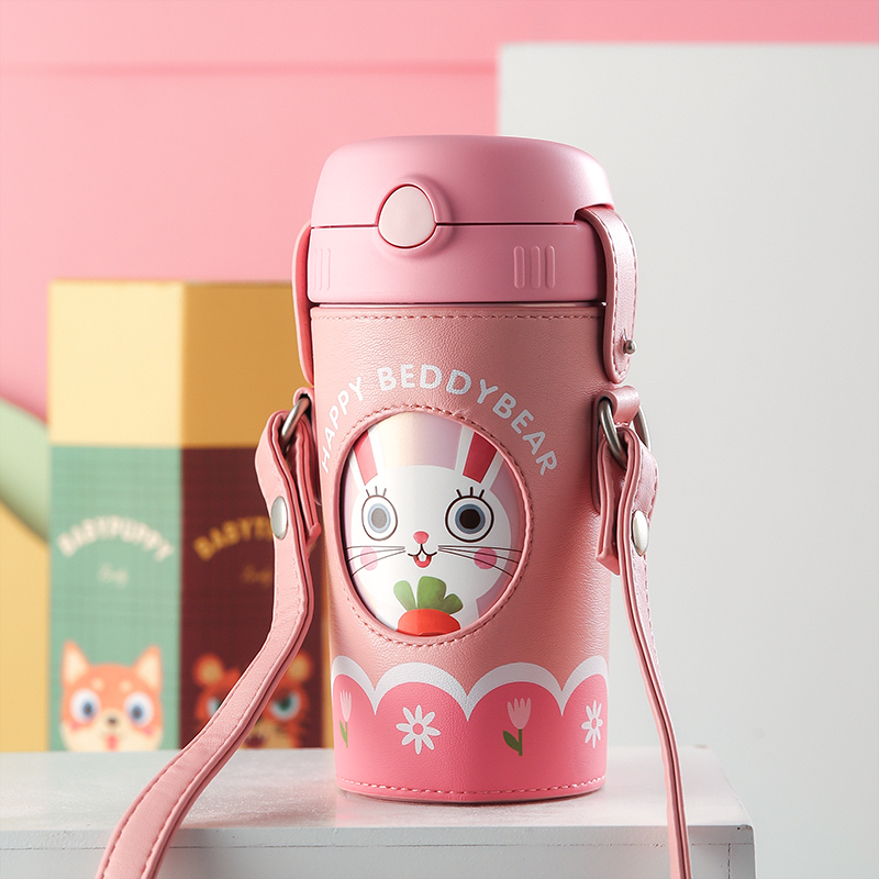 杯具熊儿童吸管保温杯酷儿HelloKitty斜跨幼儿园小学生成大人皮套