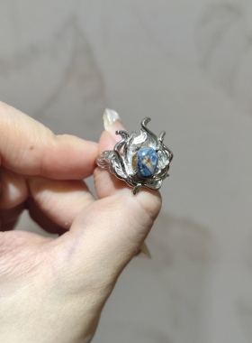 2025新品拉丝九尾油画风彼得石纯天然钛钢指环开口可调节戒指饰品