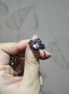 2025新品小众ins风天然紫水晶复古托开口调节戒指水晶饰品